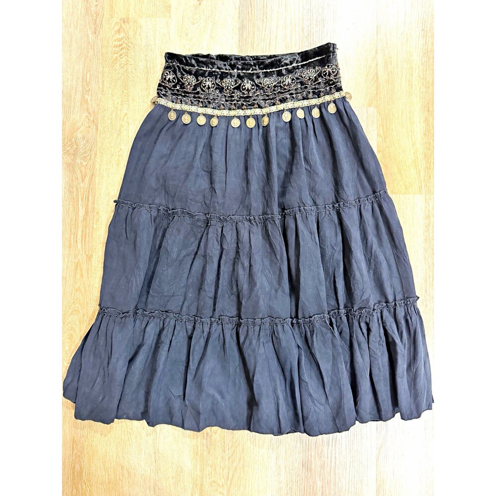 Women’s Black Tiered Midi Skirt Elastic Waist Embroidered Beaded Coin Trim Boho